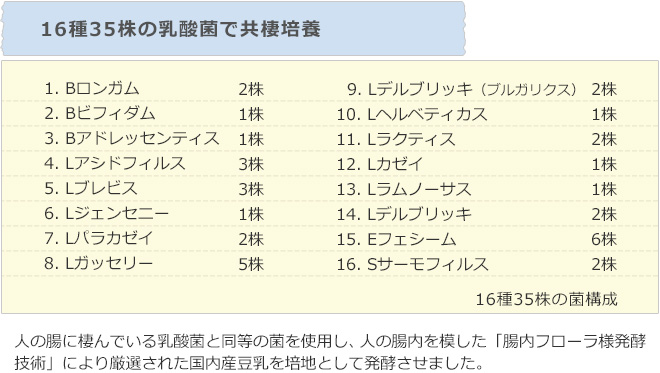 16種35株の乳酸菌で共棲培養 人の腸に棲んでいる乳酸菌と同等の菌を使用し、人の腸内を模した「腸内フローラ様発酵技術」により厳選された国内産豆乳を培地として発酵させました。1.Bロンガム 2株 2.Bビフィダム 1株 3.Bアドレッセンティス 1株 4.Lアシドフィルス 3株 5.Lブレビス 3株 6.Lジェンセニー 1株 7.Lパラカゼイ 2株 8.Lガッセリー 5株 9.Lデルブリッキ（ブルガリクス） 2株 10.Lヘルベティカス 1株 11.Lラクティス 2株 12.Lカゼイ 1株 13.Lラムノーサス 1株 14.Lデルブリッキ 2株 15.Eフェシーム 6株 16.Sサーモフィルス 2株