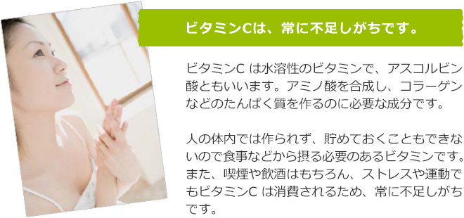 ビタミンC は水溶性のビタミンで、アスコルビン酸ともいいます。ビタミンC はアミノ酸を合成しコラーゲンなどのたんぱく質を作るのに必要な成分です。人の体内では作られず、貯めておくこともできないので食事などから摂る必要のあるビタミンです。また、喫煙や飲酒はもちろん、ストレスや運動でもビタミンC は消費されるため、常に不足しがちです。
